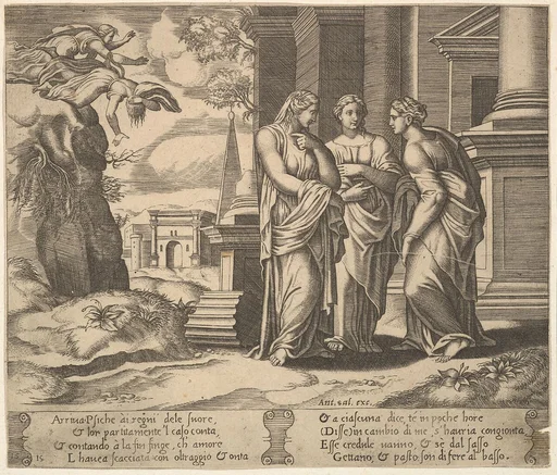 Plate 15: Psyche relating her misfortunes to her sisters, from "The Fable of Cupid and Psyche"
