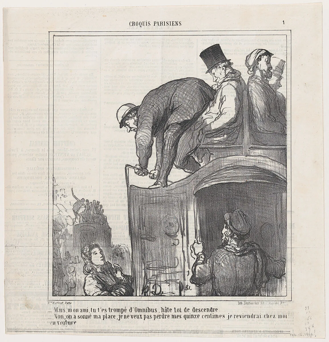 My friend, you have taken the wrong bus, get out quickly!, from 'Parisian sketches,' published in Le Charivari, February 12, 1866 — Aaron Martinet|Destouches|Honoré Daumier