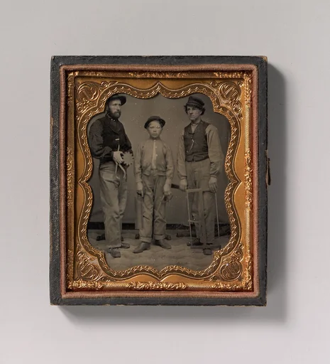 [Two Men and a Boy with Outside Calipers, Backsaw, Square, and Frame Saw]