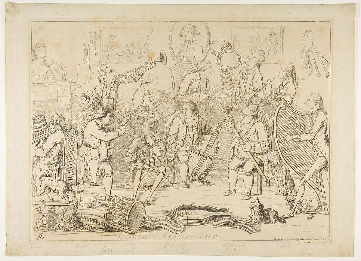 Concerto Coalitionale — Frederick Howard, 5th Earl of Carlisle|Thomas Powys, 1st Baron Lilford|James Sayers|Thomas Cornell|Frederick North, 2nd Earl of Guilford|Edward Smith-Stanley, 12th Earl of Derby|John Montagu, 4th Earl of Sandwich|William Cavendish-Bentinck, 3rd Duke of Portland|William Eden, 1st Baron Auckland|The Right Honorable Edmund Burke|Charles Howard, 11th Duke of Norfolk|Charles James Fox
