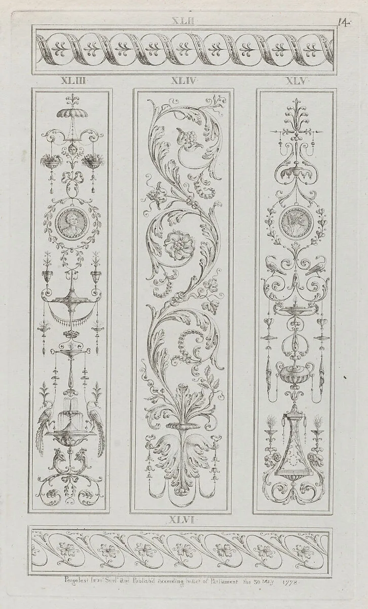 Panels of Ornament, nos. XLII-XLVI, plate 14 from "Designs for Various Ornaments" — Michelangelo Pergolesi