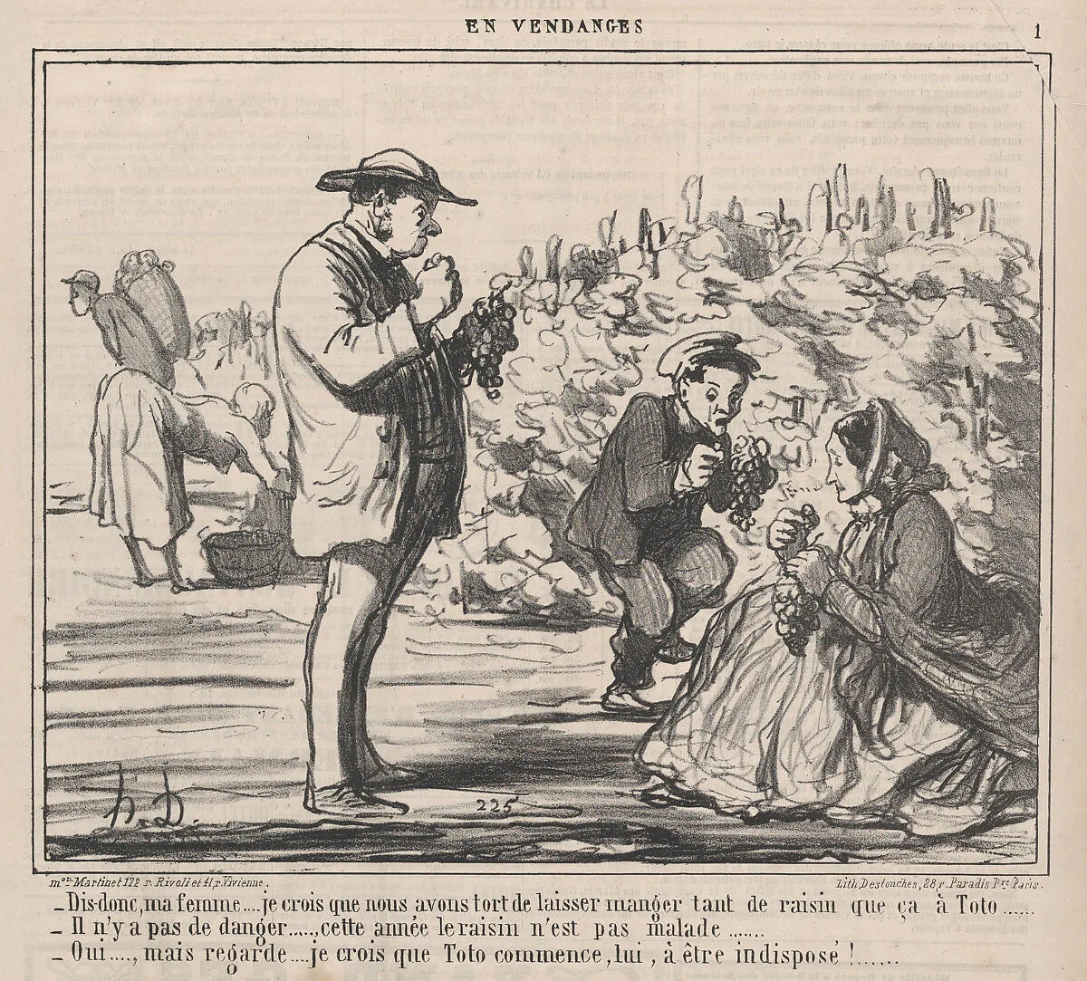 Dis-donc, ma femme.... je crois que nous avons tort de laisser manger tant de raisin que ça à Toto ....., from En Vendanges, published in Le Charivari, September 21, 1859 — Aaron Martinet|Destouches|Honoré Daumier