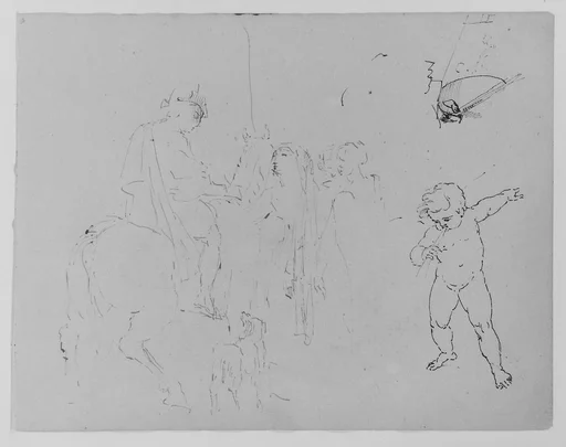 Standing Woman; Child Leaning by a Fishbowl; Weeping Putto; Mounted Soldier; Kicking Horse and Fallen Rider; Half-length Seated Figure; Rowboat (from Sketchbook)