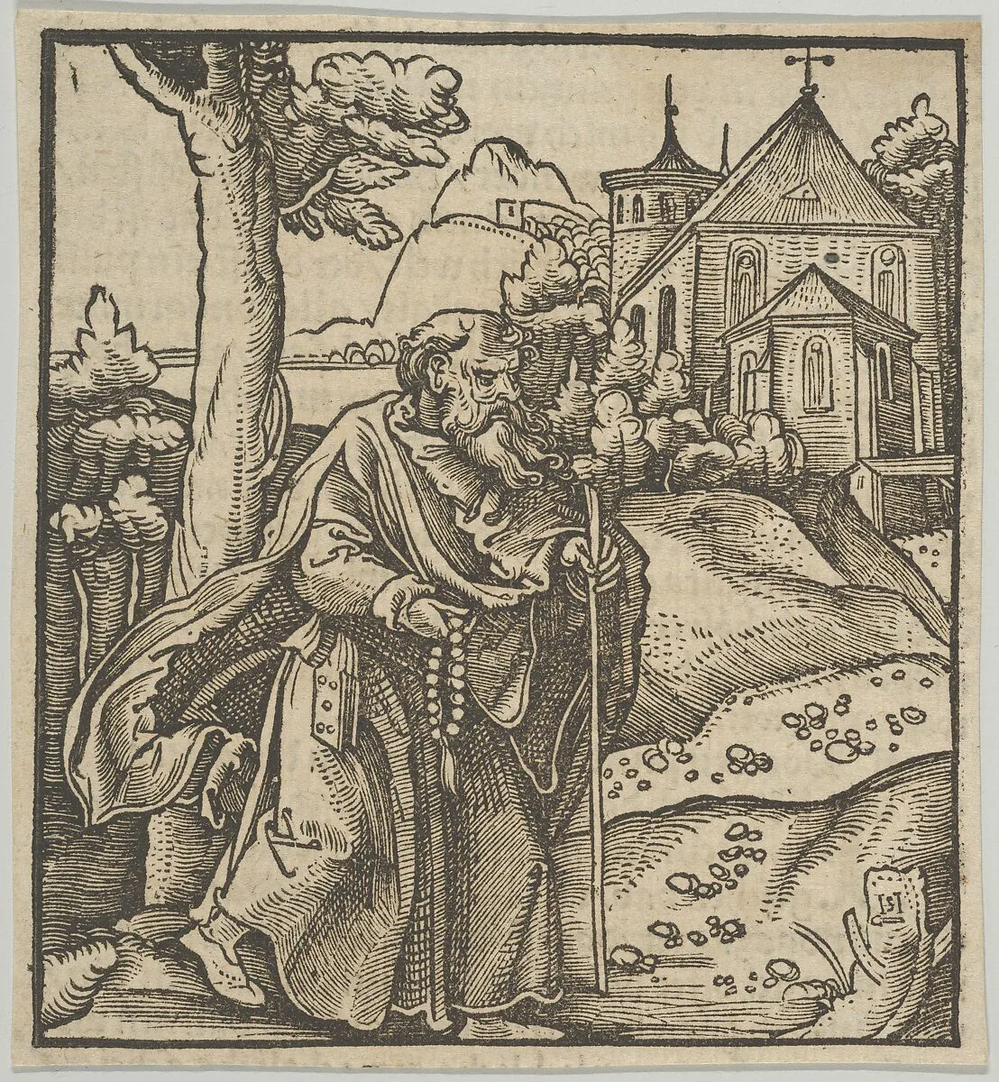 An Old Pilgrim Walking to the Right, from Hymmelwagen auff dem, wer wol lebt... — Hans Schäufelein|Hans von Leonrodt|Silvan Otmar