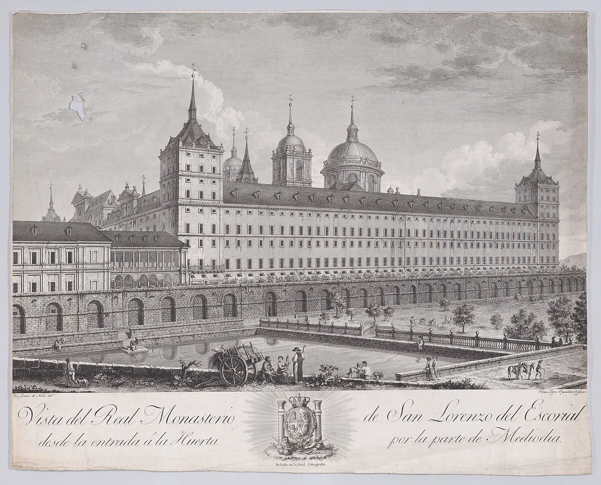 View of the side of the monastery of El Escorial with the garden in the foreground, from a series of Views of El Escorial — Calcografía Real, Madrid|José Gómez Navia|Tomás López Enguidanos