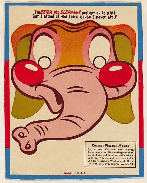 Ezra the Elephant, bakery card from the Animal Masks series (D13), issued by Weston's Animal Crackers — Weston's Animal Crackers