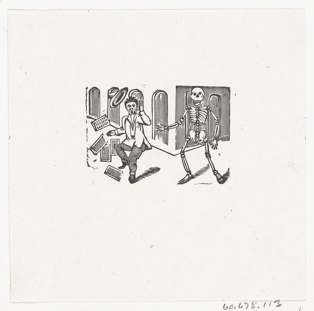 A skeleton frightening a man holding newspapers — José Sanchez|José Guadalupe Posada