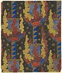 Repetitve Pattern with Vertical Bands of Alternating Blue and Gold Triangles on a Black Background with Gold Circles — Anonymous, French, 20th century