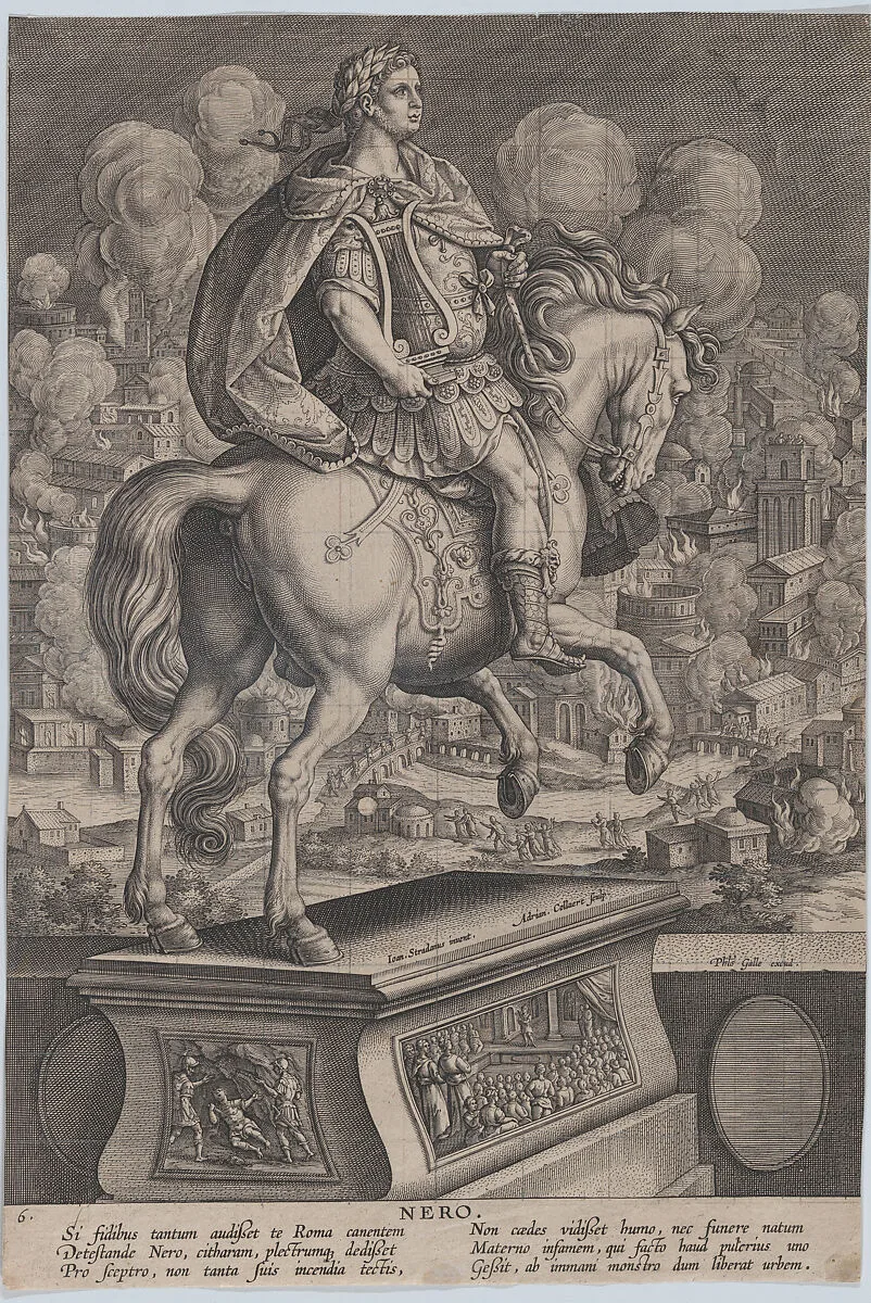 Plate 6: equestrian statue of Nero, seen from behind, the Great Fire of Rome in the background, from 'Roman Emperors on Horseback' — Jan van der Straet, called Stradanus|Philips Galle|Adriaen Collaert