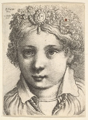 Head of a young girl wearing a jeweled headdress