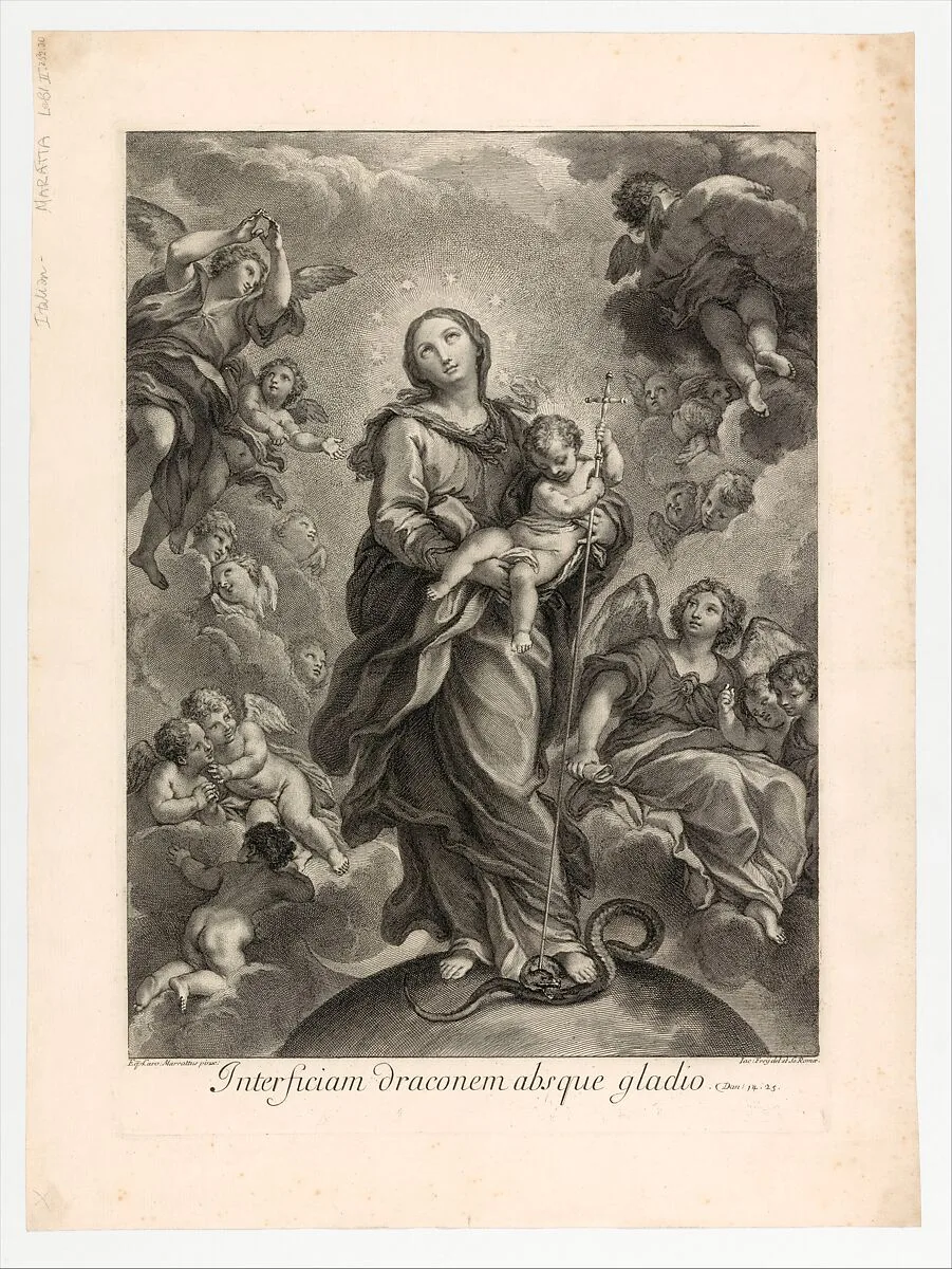 Destroy the dragon without sword; (Dan. 14.25); Virgin and Child on hemisphere — Johann Jakob Frey the Elder|Carlo Maratti