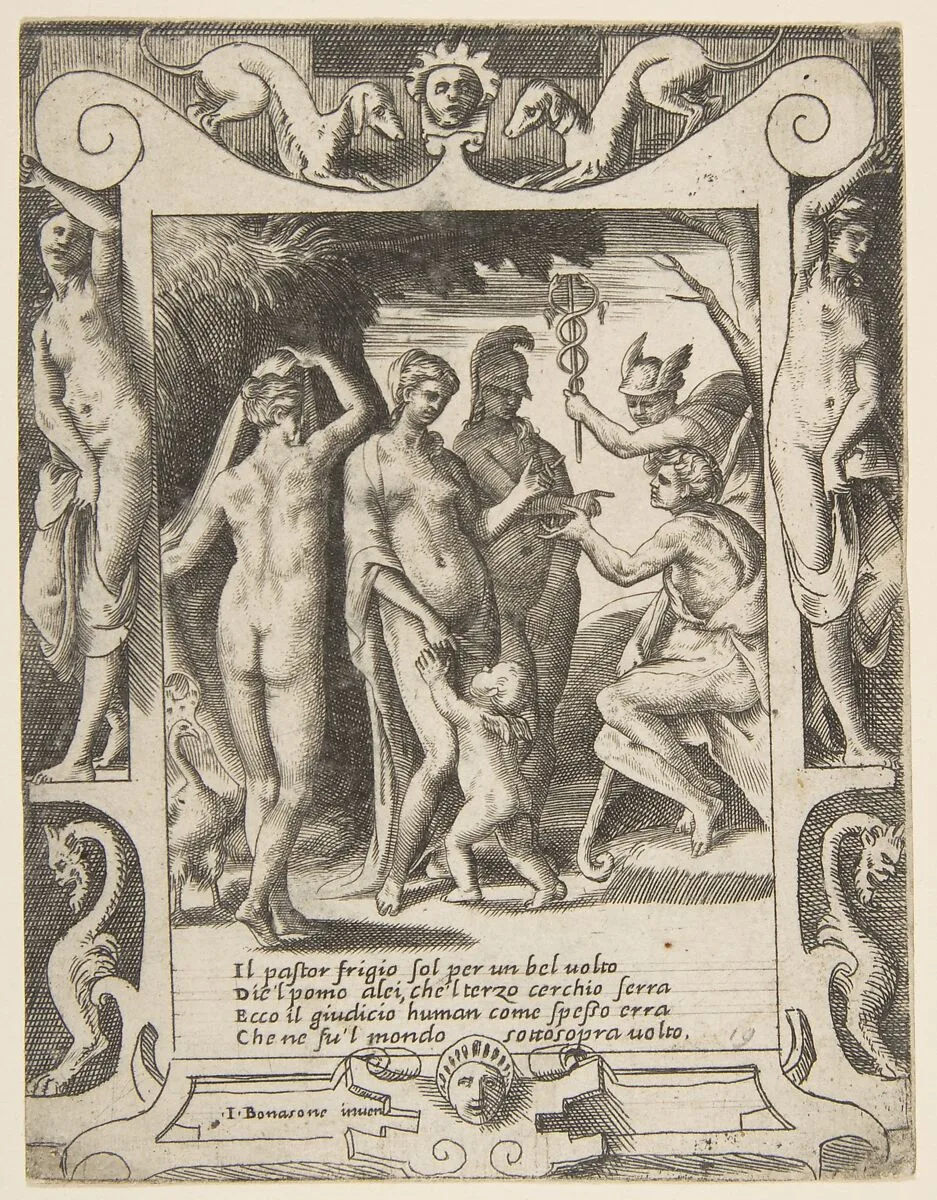 The judgment of Paris, set within an elaborate frame, from "Loves, Rages and Jealousies of Juno" — Giulio Bonasone
