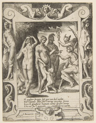 The judgment of Paris, set within an elaborate frame, from "Loves, Rages and Jealousies of Juno"