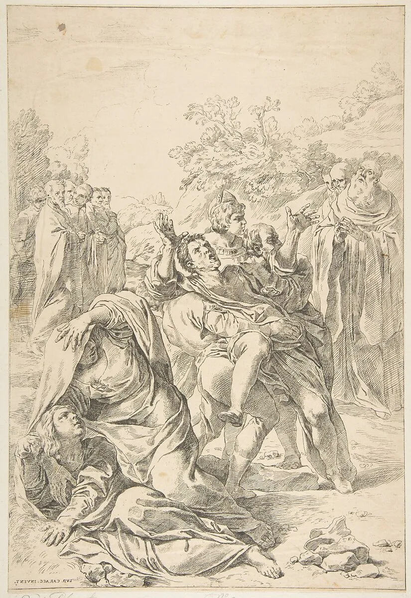 Saint Benedict exorcising a demon — Simone Cantarini|Ludovico Carracci