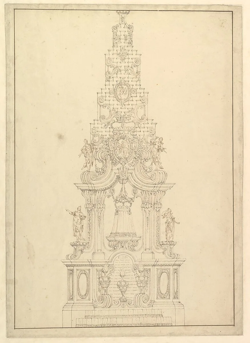 Elevation of a Catafalque: the Central Part Comprised of a Series of Steps to Top; with Statues and Central Cartouche with a Figural Scene: a Figure Kneeling before Virgin and Child (?) — Giuseppe Galli Bibiena
