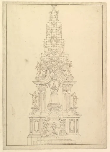Elevation of a Catafalque: the Central Part Comprised of a Series of Steps to Top; with Statues and Central Cartouche with a Figural Scene: a Figure Kneeling before Virgin and Child (?)