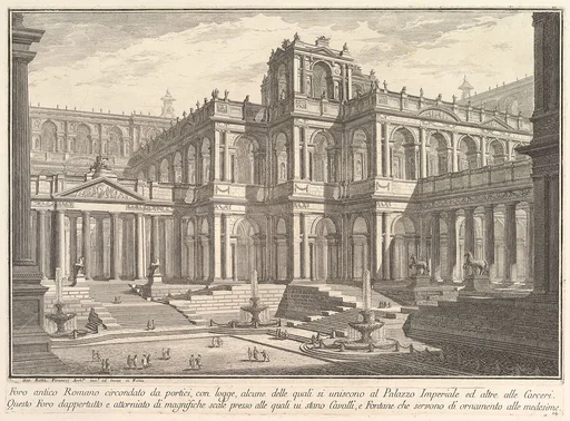 Ancient Roman forum surrounded by porticoes, with loggias, some of which communicate with the Imperial Palace and others with the prisons... (Foro antico romano circondata da portici, con logge, alcune delle quali si uniscono al Palazzo Imperiale...), from "Prima Parte di Architettura, e Prospettive"