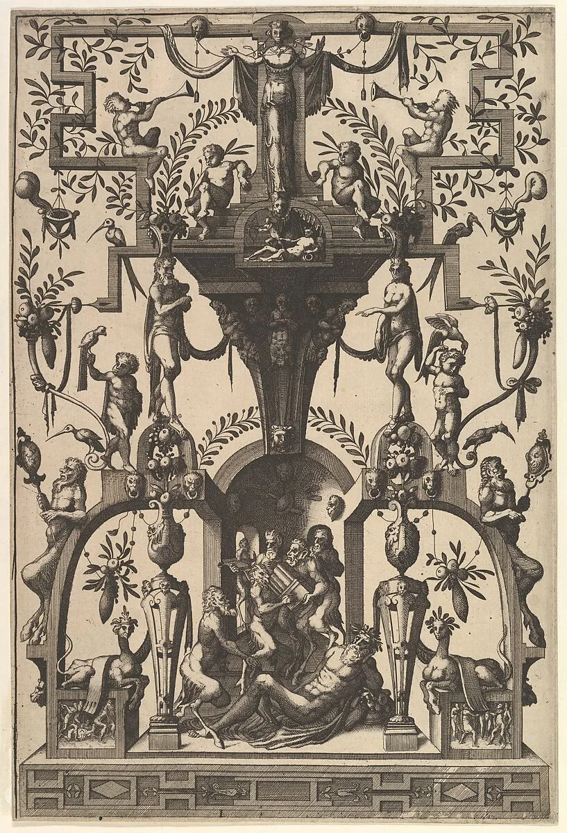 Surface Decoration, Grotesque with Strapwork, Including a Wall Niche under a Strapwork Canopy, Bacchic Scene below from Veelderleij Veranderinghe van grotissen ende Compertimenten...Libro Primo — Johannes van Doetecum I|Lucas van Doetecum|Cornelis Floris II
