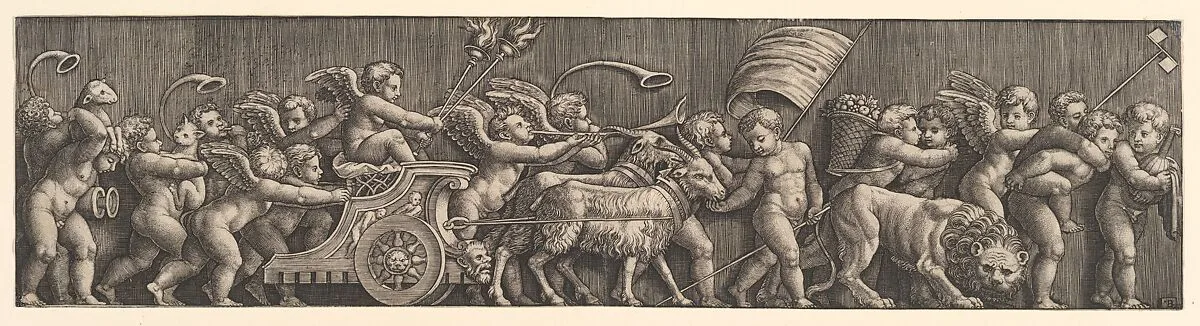 A frieze arrangement depcting the Triumph of Love; Cupid in a Chariot led by goats, many other putti filling the composition — Master of the Die|Raphael (Raffaello Sanzio or Santi)