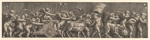 A frieze arrangement depcting the Triumph of Love; Cupid in a Chariot led by goats, many other putti filling the composition