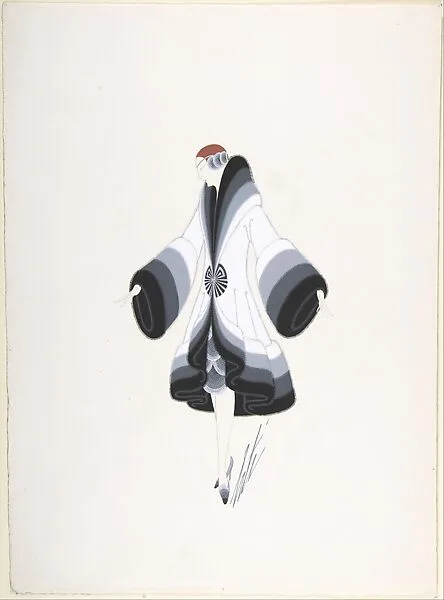 Design for White Coat Trimmed in Rows of Black, Grey and White Fur for "Manhattan Mary," Majestic Theater, New York — Erté (Romain de Tirtoff)