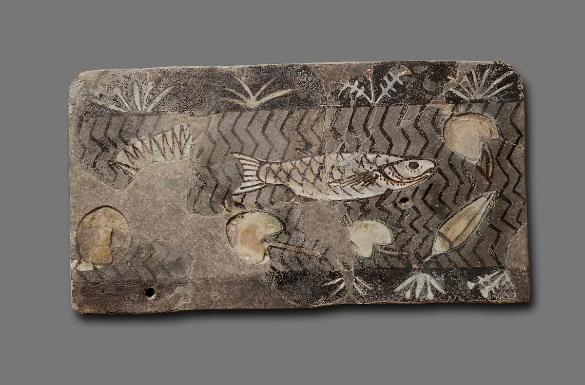 Tile with fish and lotus flowers in a canal — Unknown