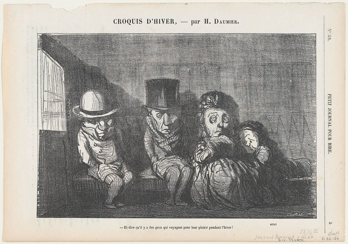 To imagine that there are people who even travel in winter for fun and enjoyment!, from 'Winter sketches,' published in Le Petit Journal pour Rire, December 3, 1864 — Destouches|Aaron Martinet|Honoré Daumier