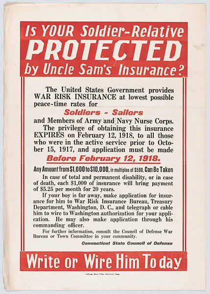 Is your soldier-relative protected by Uncle Sam's Insurance? — Calhoun Show Print|Connecticut State Council of Defense