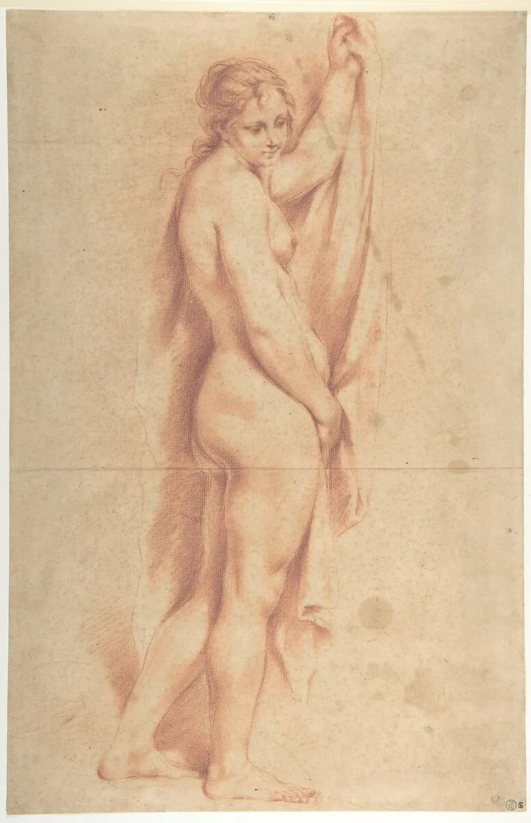 Standing Nude Female Figure (recto); Studies of a Kneeling Nude Female Figure and of a Man's Head (verso) — Guido Cagnacci|Carlo Cignani