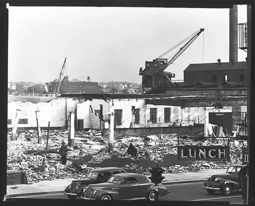[Demolition Site with Cranes and Lunch Sign in Foreground, New York City]