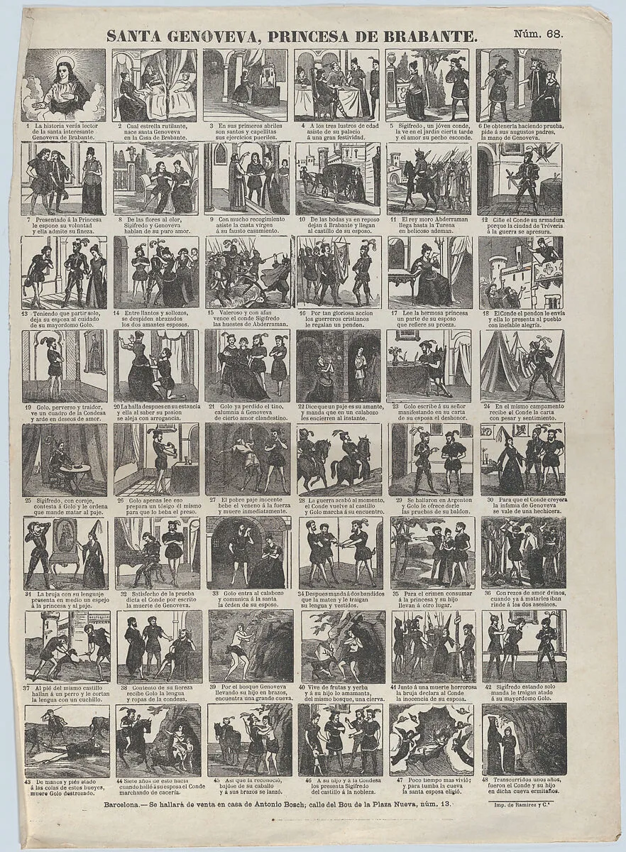 Broadside with 48 scenes depicting the life of Genevieve of Brabant — Narciso Ramirez|Antonio Bosch