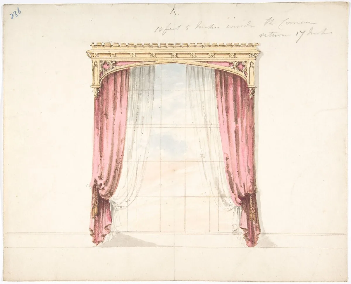 Design for Red Curtains with a Gothic Style Gold Pediment — Anonymous, British, 19th century