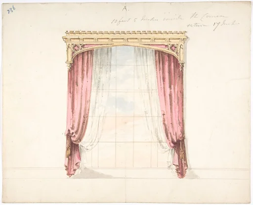 Design for Red Curtains with a Gothic Style Gold Pediment
