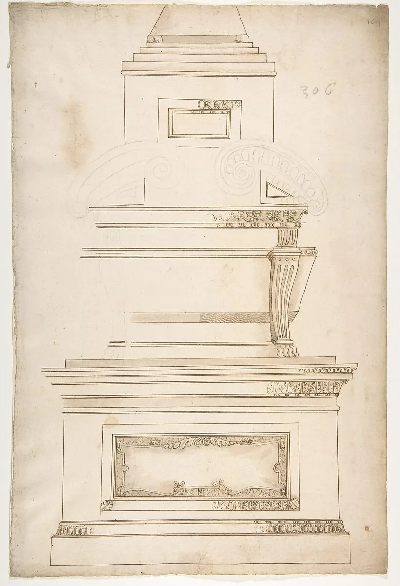 Design for a Sarcophagus on a Pedestal — Anonymous, French, 16th century|Jacques Androuet Du Cerceau