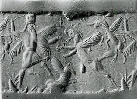 Cylinder seal with two-figure contest scene — Unknown