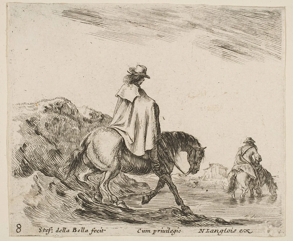 A horseman descends a riverbank, another horseman in river to right, plate 8 from "Diversi capricci" — Stefano della Bella|Nicolas Langlois