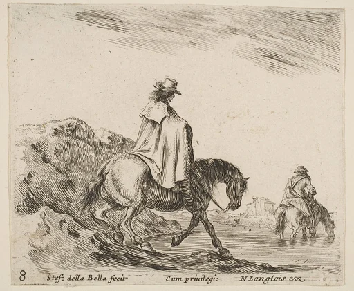 A horseman descends a riverbank, another horseman in river to right, plate 8 from "Diversi capricci"