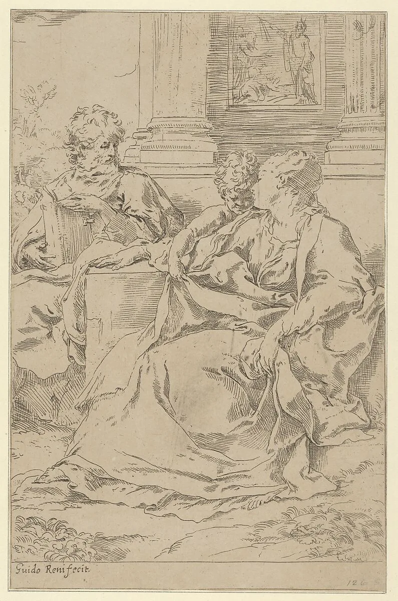 The Holy Family seated together in front of a collonade, Saint Joseph reading and the young Christ grasping the Virgin's drapery — Guido Reni