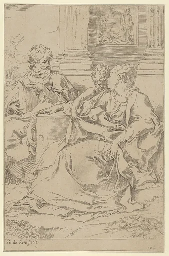 The Holy Family seated together in front of a collonade, Saint Joseph reading and the young Christ grasping the Virgin's drapery