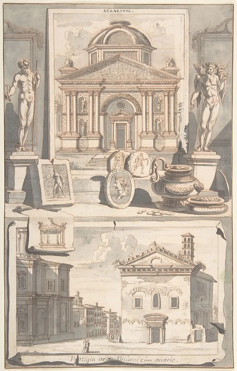 A Reconstruction of the Aerarium (above) and a View of the Ruins (below) — Jan Goeree