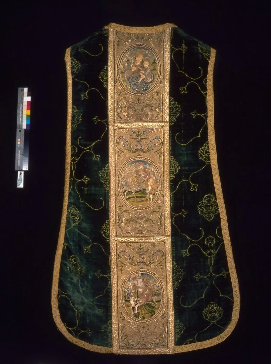 Chasuble with Orphreys depicting a saint and bishop saint (front), the Virgin and Child, Saint Martin, and Saint Peter (back) — Unknown