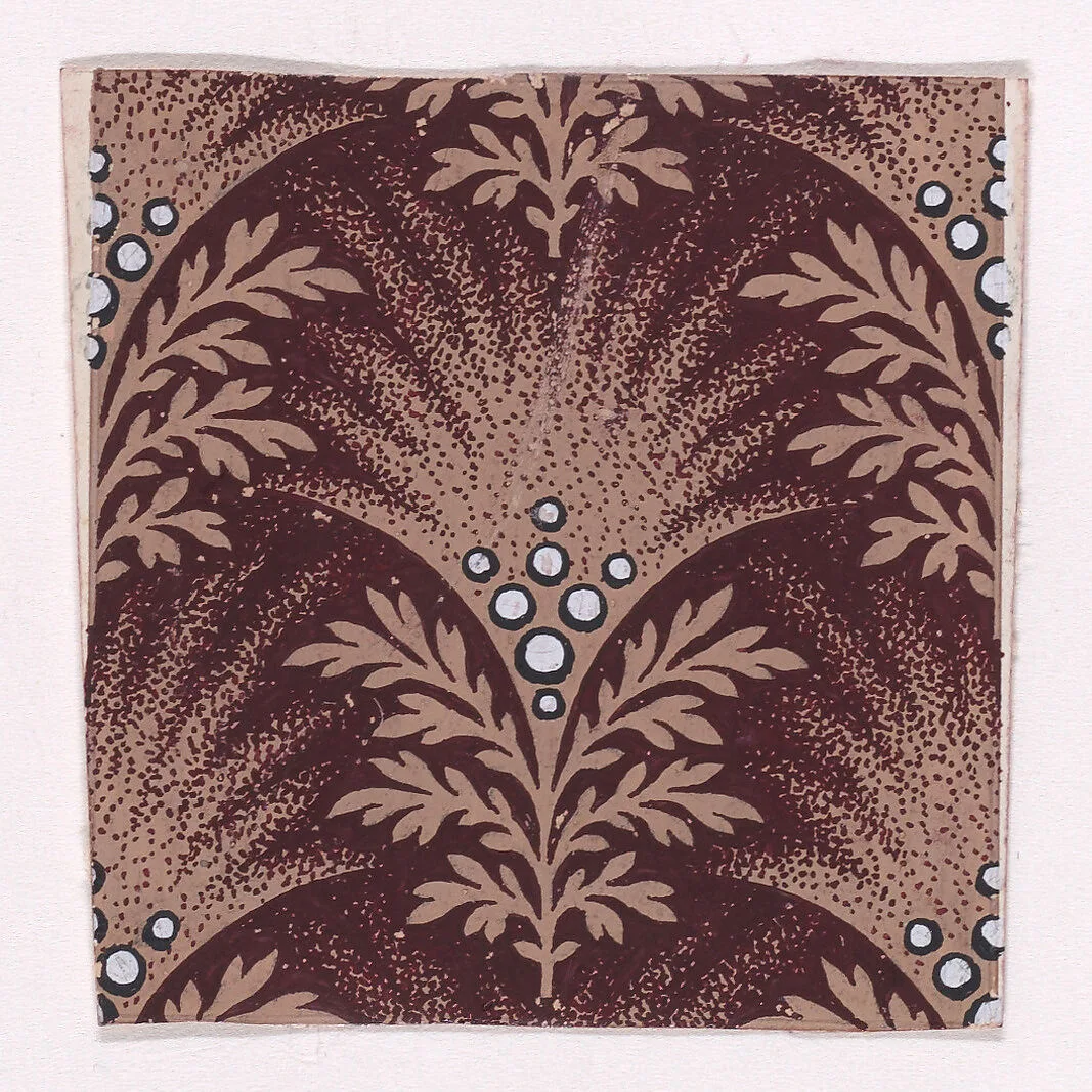 Textile Design with Alternating Palmettes Decorated with Pearls Flanked by Bundles of Leaves — Anonymous, Alsatian, 19th century