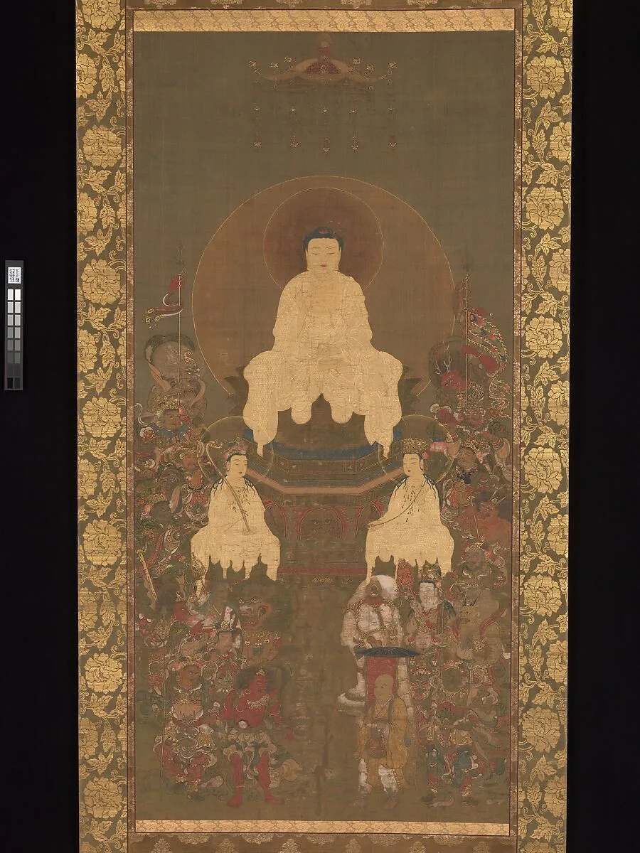 釈迦三尊十六善神像|Shaka (Shakyamuni), the Historical Buddha, with Two Attendant Bodhisattvas and Sixteen Benevolent Deities — Unidentified artist