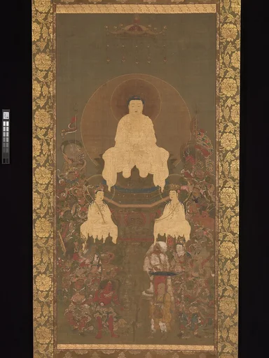釈迦三尊十六善神像|Shaka (Shakyamuni), the Historical Buddha, with Two Attendant Bodhisattvas and Sixteen Benevolent Deities