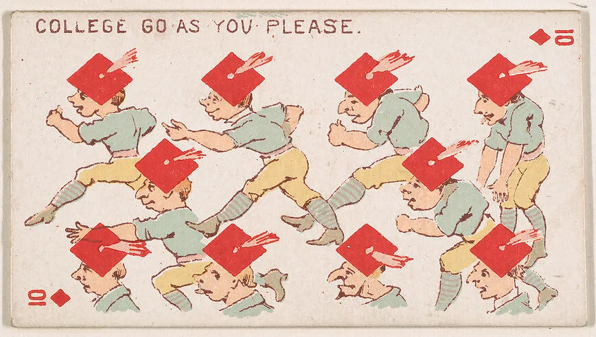 Ten of Diamonds, College Go As You Please, from Harlequin Cards, 2nd Series (N220) issued by Kinney Bros. — Kinney Brothers Tobacco Company