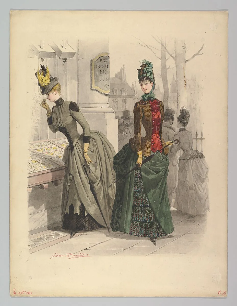 Two Women in Day Dresses: Preparatory drawing for a fashion plate from Le Moniteur de la Mode — Jules David
