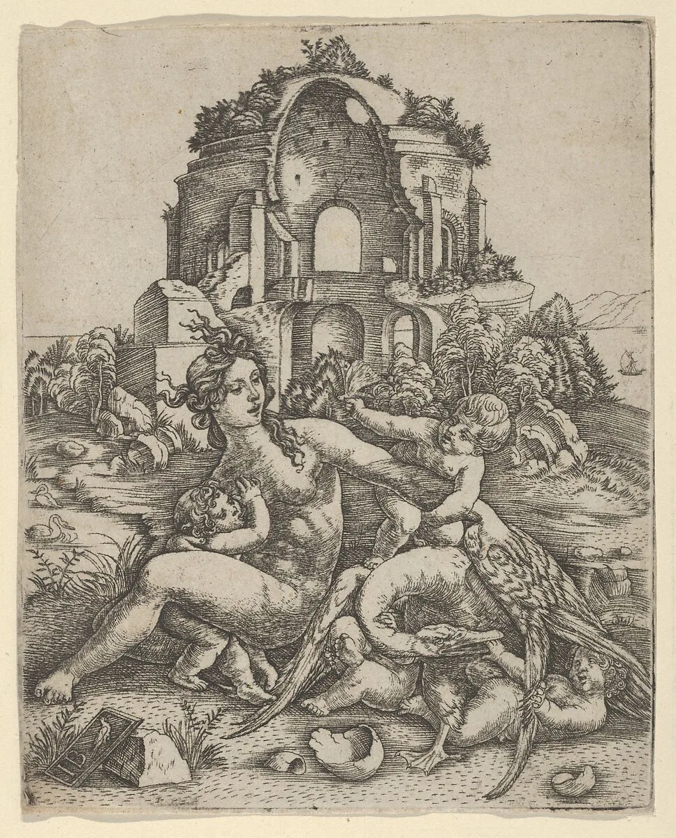 Leda and her children playing with the swan, with a Roman temple in the background — Giovanni Battista Palumba