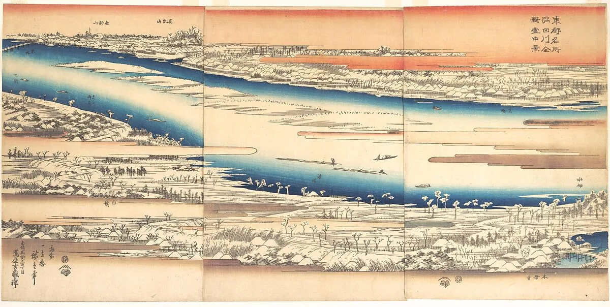 Toto meisho Sumidagawa zenzu settchukei|東都名所 隅田川全図雪中景|Celebrated Places in the Eastern Capital: Panoramic View of the Sumida River in Snow — Utagawa Hiroshige