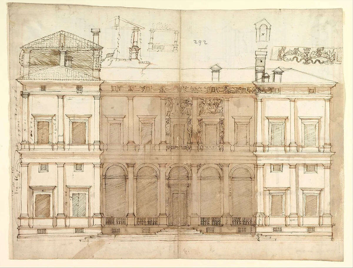 Villa of Agostino Chigi (La Farnesina), Rome, north façade, with ornamental detailing (recto); Villa of Agostino Chigi (La Farnesina), Rome, plan and moulding profiles (verso) — Anonymous, French, 16th century