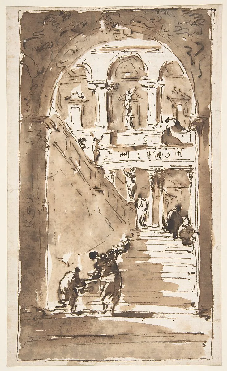 Architectural Fantasy: Figures on a Grand Staircase — Francesco Guardi